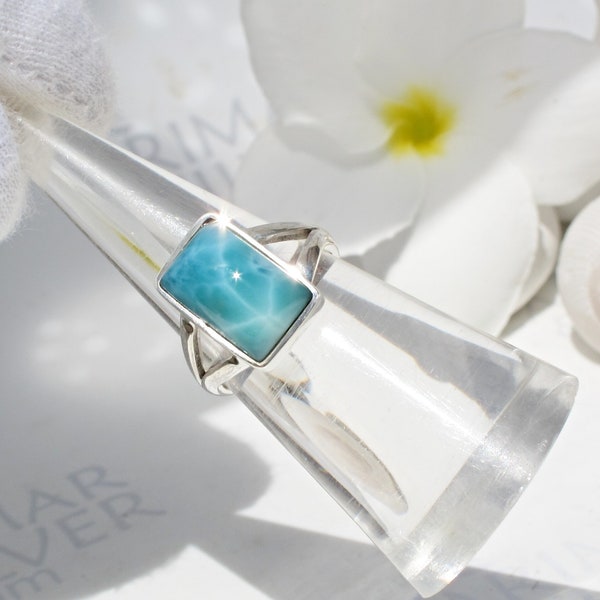 Bague rectangle bleu aigue-marine taille 5,75, suivez la flèche vers l'Atlantide - intrigante bague Larimar signe runique livraison rapide meilleur cadeau dans le monde entier