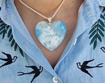 Rushing water blue heart pendant, Genesis of Love 3 - huge Larimar pendant 925 silver love waterfalls fast delivery worldwide romantic gift