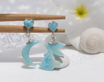 Kawaii Larimar earrings by Larimarandsilver, My Bunny in the Moon - Larimar post earring 925 silver/fast delivery Larimar jewelry/woman gift
