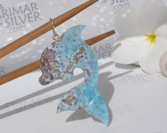 Larimar dolphin pendant, Master of the Reef - Larimar men pendant 925 silver surf pendant fast delivery larimar jewelry