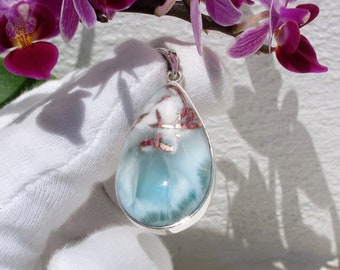 Rare Larimar stone pendant, Blood of the Gods, ice blue Larimar teardrop pendant red copper inclusion snow tracks fast delivery gift for him