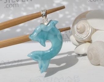 Turquoise Larimar dolphin pendant, The Wave Dancer - carved Larimar stone pendant 925 silver dolphin leap fast delivery larimar jewelry gift