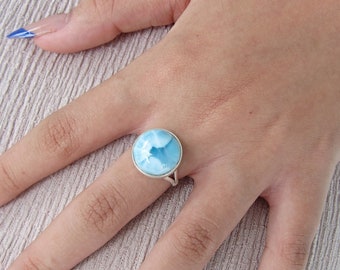 Magical witch ring size 7, Mermaid Blue Eye, Larimar round ring turquoise iris Atlantis power ocean energy fast delivery worldwide rare gift