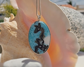 OOAK Larimar medallion pendant, Taino Shaman, intriguing Larimar oval pendant silver fast delivery worldwide beachy surf jewelry friend gift