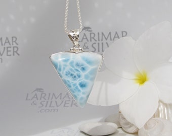 Eye catching web pattern pendant, Atlantis Mystery - aqua blue Larimar triangle pendant Bermuda fast delivery worldwide powerful gift unisex