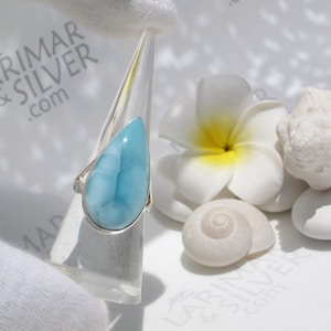 Vibrant sky blue ring size 7.25, Turquoise Odyssey - soothing Larimar drop ring 925 silver comfort ring fast delivery worldwide woman gift