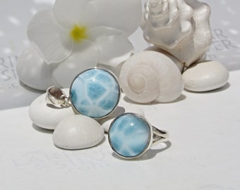 Water ripple jewelry set, Sea Turtles Beach - turtleback pattern Larimar stone pendant and ring size 6.75 aqua blue fast delivery woman gift