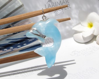 Designer Larimar dolphin pendant, Thief of Crashing Waves - carved dolphin 925 silver ice blue crystal fast delivery worldwide gift for him