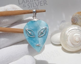 Intriguing Larimar drop pendant, Atlantis Alien - turquoise Larimar designer pendant silver extraterrestrial fast delivery worldwide gift