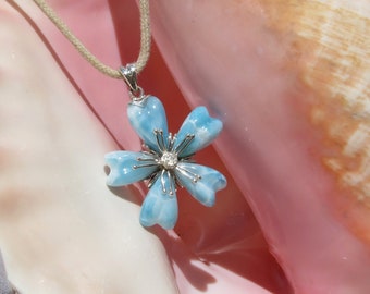 OOAK aqua blue flower pendant, Caribbean Flower 5, Larimar pendant original design topaz blue fast delivery worldwide eye catching wife gift