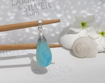 Pristine aquamarine pendant, From the Mermaids Orchard 48 - dainty Larimar long drop pendant silver palm leaf fast delivery worldwide gift