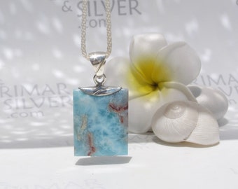 Faceted Larimar tile pendant, Coral Reef - marbled turquoise Larimar rectangle pendant solid silver tag fast delivery worldwide unisex gift