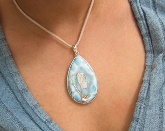 Spectacular Larimar drop pendant, Lady Immaculate - turtleback Larimar designer pendant 925 silver Virgin Mary fast delivery worldwide gift