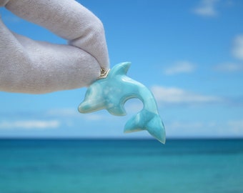 Aqua blue dolphin pendant, Dolphin Beach, carved Larimar pendant reversible aquamarine mint green dolphin stone leap fast delivery best gift