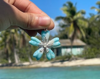 Exclusive design island flower pendant, Caribbean Flower 8 - unique Larimar pendant turquoise blue flower fast delivery worldwide woman gift