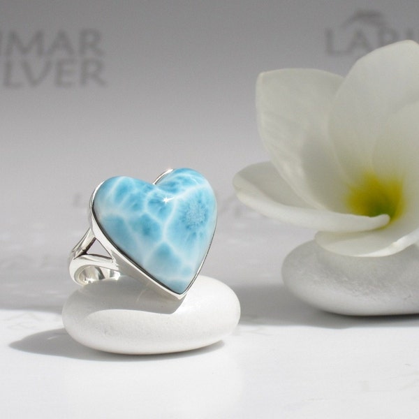 Larimar heart ring size 6 by Larimarandsilver, Bath of Love - water blue Larimar heart aqua blue heart ring turtleback handmade Larimar ring