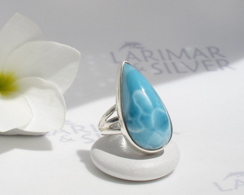 Larimar ring size 6.75 by Larimarandsilver Dive in the Sky lake blue Larimar pear ring 925 silverSwiss bluewater drophandmade Larimar