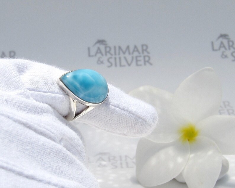 Larimar ring size 6.75 by Larimarandsilver Blue Lake in the Sky azure Larimar pear ring 925 silverwater dropLarimar jewelrygift for her