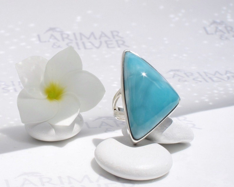 Caribbean Sail Larimar ring size 8.75 by Larimarandsilver Larimar triangle ring sterling silvercocktail ringturquoise ringwoman gift