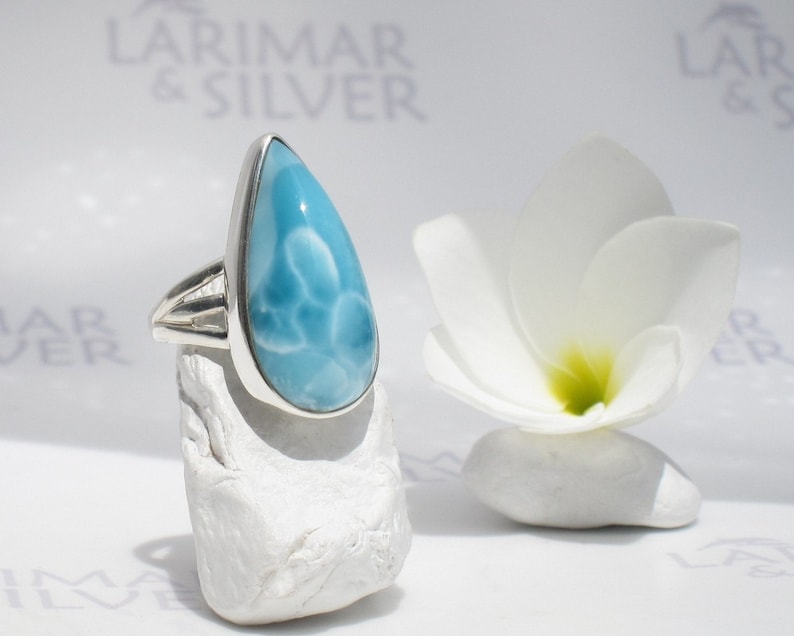 Larimar ring size 6.75 by Larimarandsilver Dive in the Sky lake blue Larimar pear ring 925 silverSwiss bluewater drophandmade Larimar