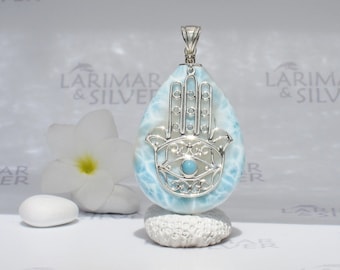 Kraftvoller Amulett-Tropfenanhänger, Hamsa Ocean – einzigartiger Larimar-Steinanhänger aus Silber, Fatima-Hand, Fruchtbarkeit, göttliche Energie, schnelle Lieferung, Geschenk für Frau