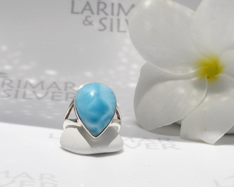 Larimar ring size 6.75 by Larimarandsilver Blue Lake in the Sky azure Larimar pear ring 925 silverwater dropLarimar jewelrygift for her