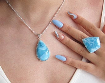 Impressive Caribbean turquoise pendant, Sitting on the Beach - dominican Larimar stone drop pendant speedy delivery top quality woman gift