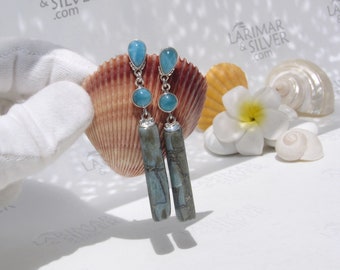 Stylish stick earrings, Bamboo Gipsy - dangling Larimar stone post earring silver blue sapphire fast delivery worldwide special gift for her