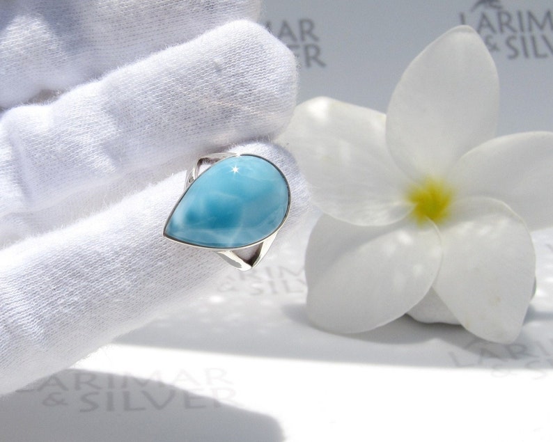 Larimar ring size 6.75 by Larimarandsilver Blue Lake in the Sky azure Larimar pear ring 925 silverwater dropLarimar jewelrygift for her