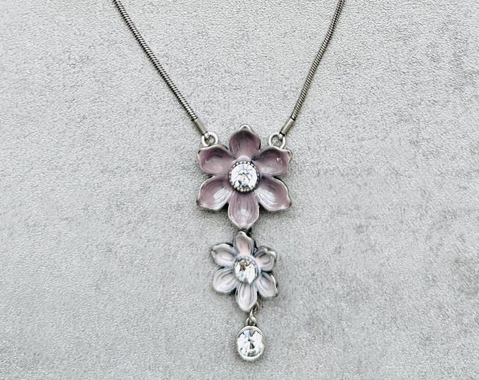 Pilgrim Enamel Flower Necklace | Pink & Lilac Rhinestone Pendant | Danish Design | Gift for Her | Pre-loved Jewellery c.2000s