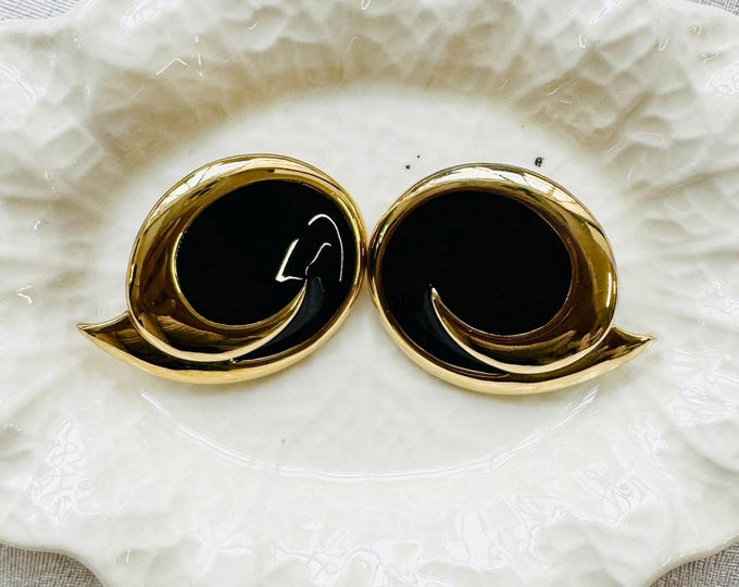 Vintage MONET Pierced Earrings, Black Enamel & Gold Swirl Studs, Signed 1980s Sculptural Statement Jewellery, Pre-Loved Glam