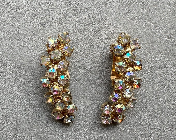 Vintage AB crystal climber earrings, 1980s gold tone clip ons, aurora borealis sparkle, cocktail jewellery, gift for her, retro glam