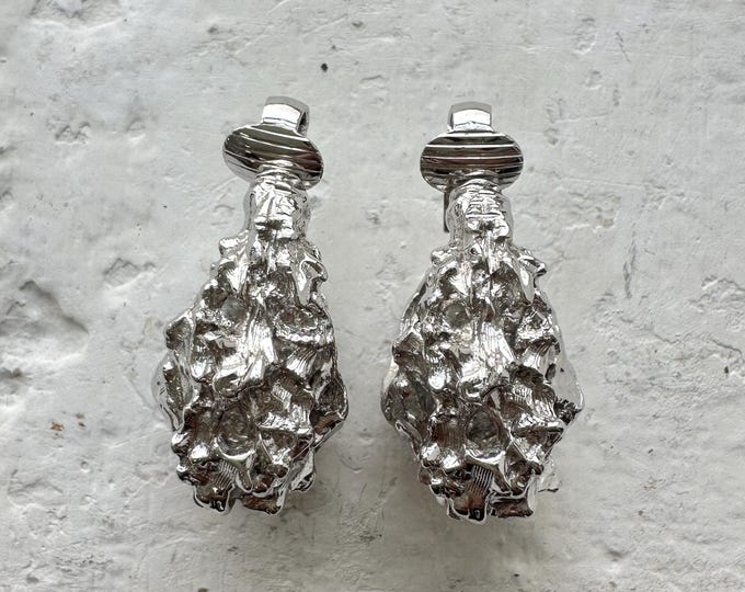 Vintage 1980s Sculptural Silver Clip On Earrings Textured Chunky Statement Jewellery Bold Retro Fashion Pre Loved Abstract Art Earrings