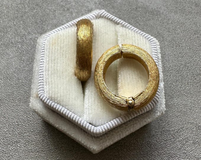 Vintage Trifari Hoop Earrings, Brushed Gold Tone Clip-On Hoops, 1980s Signed Minimalist Jewellery, Statement Gift for Her