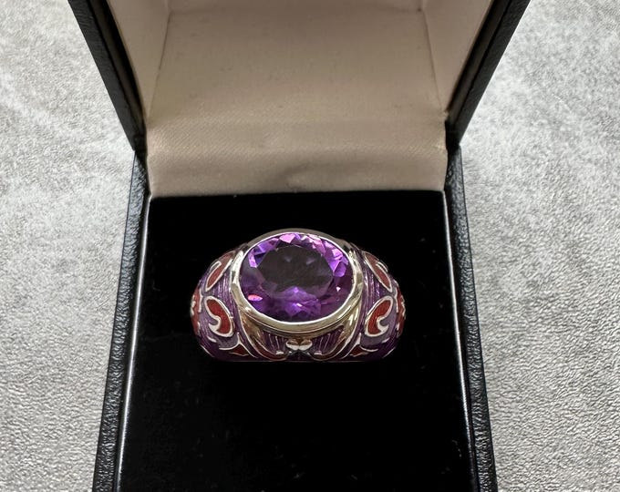 Vintage 925 Sterling Silver Amethyst Cut Crystal & Enamel Statement Ring