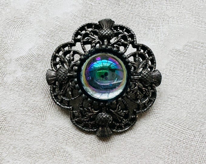 Vintage Scottish Thistle Brooch with Rainbow Glass Cabochon, c.1970s