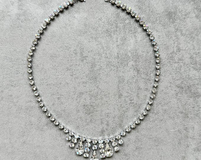 Vintage Rhinestone Statement Necklace, 1980s Bridal or Evening Glam, Teardrop Crystals, Silver Tone Sparkle, Pre-Loved Jewellery