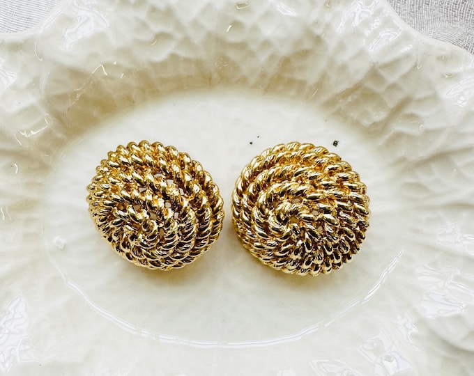 Vintage MONET Gold Rope Clip Earrings, Signed Classic Swirl Studs for Pierced Ears, 1980s–90s Elegant Costume Jewellery