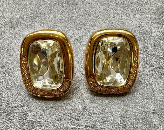 Monet Signed Vintage Crystal Statement Earrings – 1980s Gold Tone Post Earrings, 1 Inch