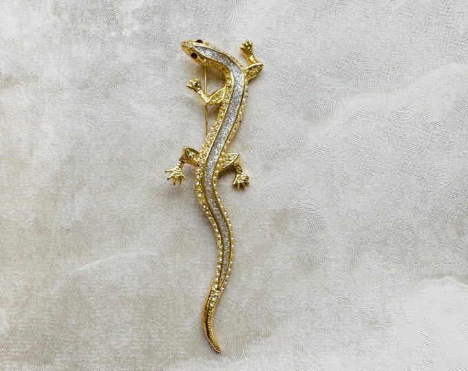 Gold gecko brooch with diamanté crystals, ruby red eyes, large statement lizard pin, gift idea, bold costume jewellery