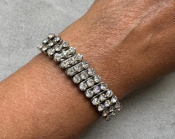 Vintage Empire Made Rhinestone Bracelet, Silver Tone, 1950s Wide Statement Jewellery