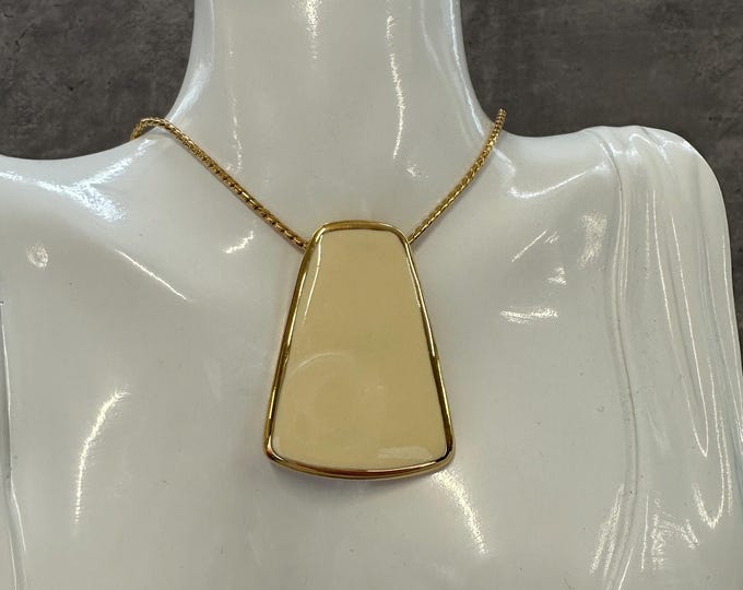 1970s Monet gold plated modernist pendant necklace, cream enamel trapezoid design, vintage statement jewellery, gift for her, collectible