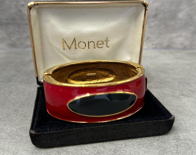 Monet Enamel Cuff Bracelet: Rare Vintage Red Black Gold Plated Statement Jewelry
