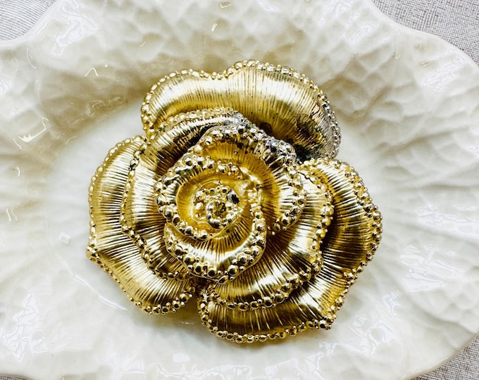Vintage Gold Rose Brooch, Large 1980s Statement Flower Pin, Sculptural Petal Design, Pre-Loved Bold Costume Jewellery