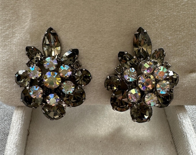 Vintage Aurora & Smoke Crystal Cluster Clip-On Earrings, Statement Cocktail Style, c.1950s