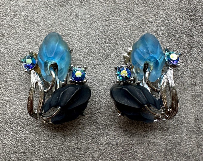 Vintage 1950s Silver Tone Floral Earrings with Blue Lucite Petals and Aurora Borealis Rhinestones, Clip-On