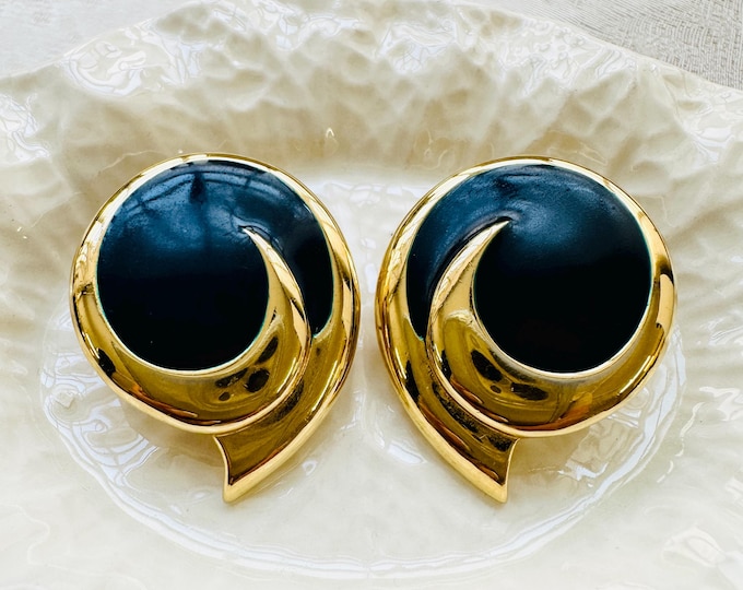 Vintage MONET Enamel Earrings, Navy & Gold Swirl Studs for Pierced Ears, Signed 1980s Statement Jewellery, Pre-Loved Glam