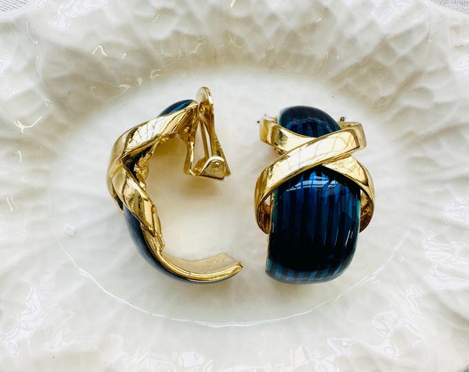 Vintage HR Paris Earrings, 1980s Blue Lucite & Gold Criss-Cross Clip-Ons, Signed Henri Rousseau Paris Couture Jewellery