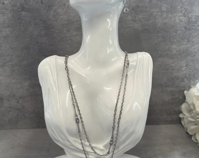 Vintage Monet Silver Tone Chain with Sterling CZ Earrings, Classic Jewellery Set