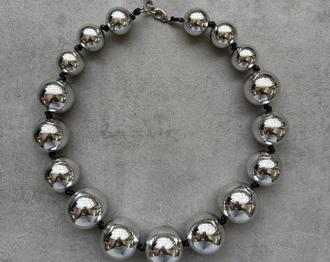 Runway-Style Silver Statement Necklace, Large Graduated Beads on Leather Cord, 90s Futuristic Glam, Statement Gift for Her